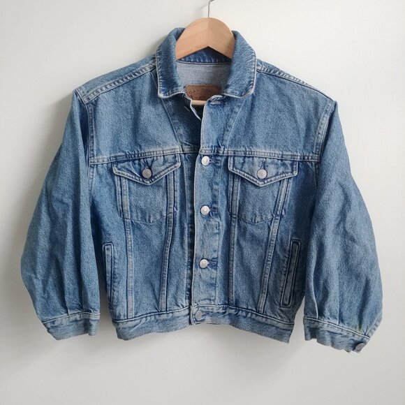 Vintage Gap cropped bracelet sleeve 100% cotton blue denim jean jacket Medium - Picture 1 of 16